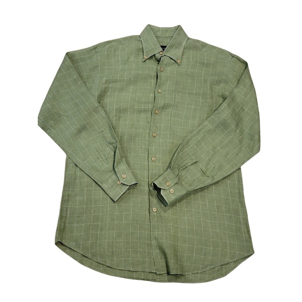 Scott Barber Linen Shirt Medium Long‎ Sleeve Men's Preppy Office Green Colorful